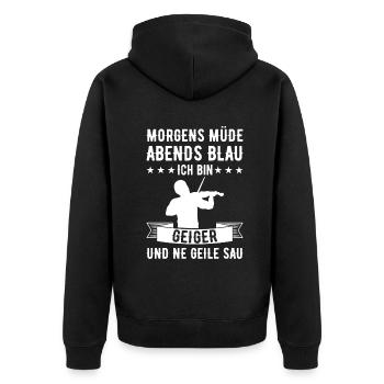 Morgens Müde Abends Blau Geiger - Unisex Premium Bio Zip Hoodie - Schwarz - Hinten - Nico (187cm)