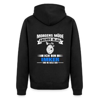 Morgens Müde Abends Blau Imker - Unisex Premium Bio Zip Hoodie - Schwarz - Hinten - Nico (187cm)