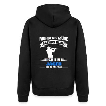 Morgens Müde Abends Blau Jäger - Unisex Premium Bio Zip Hoodie - Schwarz - Hinten - Nico (187cm)