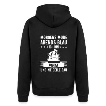 Morgens Müde Abends Blau Pirat - Unisex Premium Bio Zip Hoodie - Schwarz - Hinten - Nico (187cm)