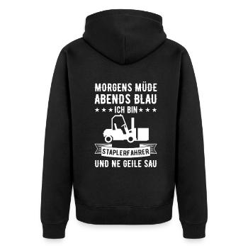 Morgens Müde Abends Blau Staplerfahrer - Unisex Premium Bio Zip Hoodie - Schwarz - Hinten - Nico (187cm)