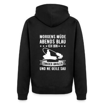 Morgens Müde Abends Blau Zander Angler - Unisex Premium Bio Zip Hoodie - Schwarz - Hinten - Nico (187cm)