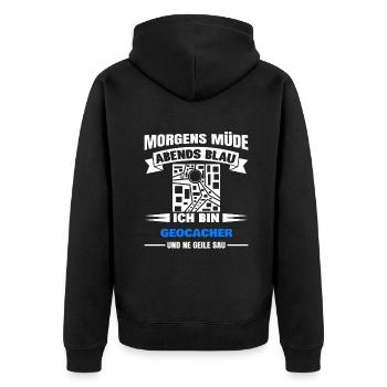 Morgens Müde Abends Blau Geocacher - Unisex Premium Bio Zip Hoodie - Schwarz - Hinten - Nico (187cm)