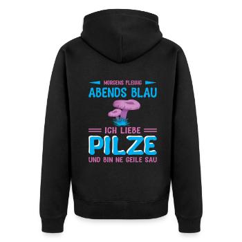 Morgens fleissig abends blau ich liebe Pilze - Unisex Premium Bio Zip Hoodie - Schwarz - Hinten - Nico (187cm)