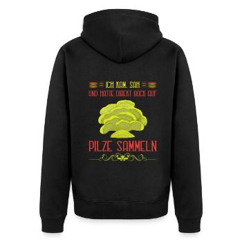 hatte direkt bock auf Pilze sammeln - Unisex Premium Bio Zip Hoodie - Schwarz - Hinten - Nico (187cm)