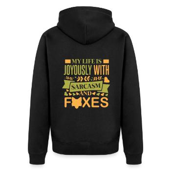 my life is joyously with sarcasm and foxes - Unisex Premium Bio Zip Hoodie - Schwarz - Hinten - Nico (187cm)