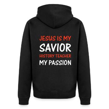 Jesus is my savior History Teacher my passion - Unisex Premium Bio Zip Hoodie - Schwarz - Hinten - Nico (187cm)