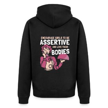 Encourage girls to be assertive and love their bod - Unisex Premium Bio Zip Hoodie - Schwarz - Hinten - Nico (187cm)