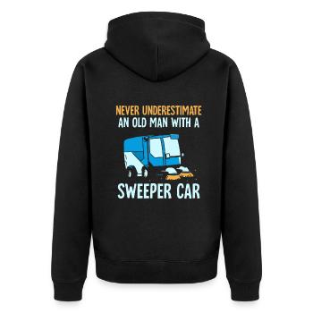 an old man with a sweeper car - Unisex Premium Bio Zip Hoodie - Schwarz - Hinten - Nico (187cm)