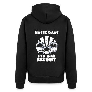 Nüsse raus der spaß beginnt - Unisex Premium Bio Zip Hoodie - Schwarz - Hinten - Nico (187cm)