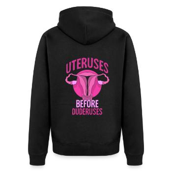 Uteruses Before Duderuses - Unisex Premium Bio Zip Hoodie - Schwarz - Hinten - Nico (187cm)