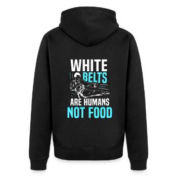 White Belts are humans not food - Unisex Premium Bio Zip Hoodie - Schwarz - Hinten - Nico (187cm)
