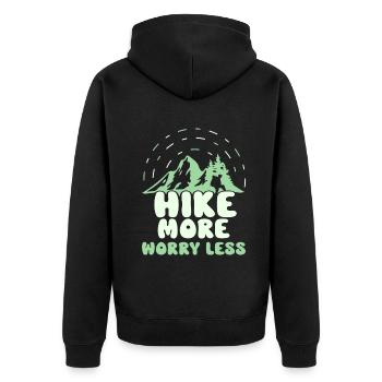 Hike more Worry less Wandern Wanderer - Unisex Premium Bio Zip Hoodie - Schwarz - Hinten - Nico (187cm)