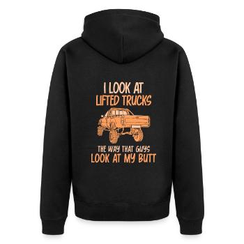 I look at lifted trucks the way that guys - Unisex Premium Bio Zip Hoodie - Schwarz - Hinten - Nico (187cm)
