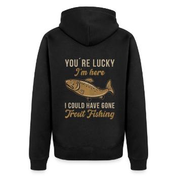 i´m here i could have gone Trout Fishing - Unisex Premium Bio Zip Hoodie - Schwarz - Hinten - Nico (187cm)