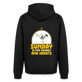 Sunday is for church and Karate - Unisex Premium Bio Zip Hoodie - Schwarz - Hinten - Nico (187cm)