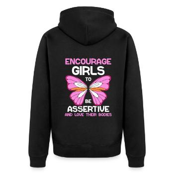 Encourage girls to be assertive and love their bod - Unisex Premium Bio Zip Hoodie - Schwarz - Hinten - Nico (187cm)