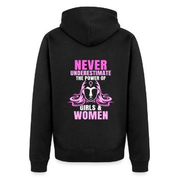 Never underestimate the power of girls & women - Unisex Premium Bio Zip Hoodie - Schwarz - Hinten - Nico (187cm)
