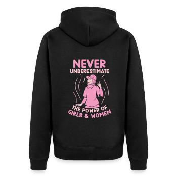 Never underestimate the power of girls & women - Unisex Premium Bio Zip Hoodie - Schwarz - Hinten - Nico (187cm)
