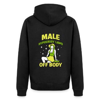 Male hypocrisy laws off body - Unisex Premium Bio Zip Hoodie - Schwarz - Hinten - Nico (187cm)