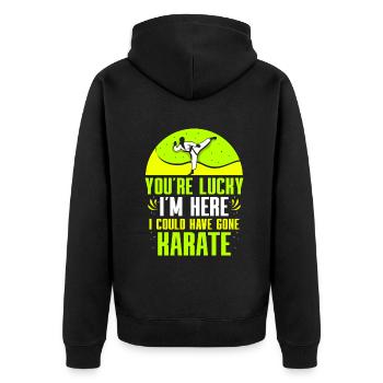 You´re lucky i´m here i could have gone Karate - Unisex Premium Bio Zip Hoodie - Schwarz - Hinten - Nico (187cm)