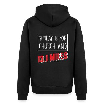 Sunday is for church Half Marathon - Unisex Premium Bio Zip Hoodie - Schwarz - Hinten - Nico (187cm)