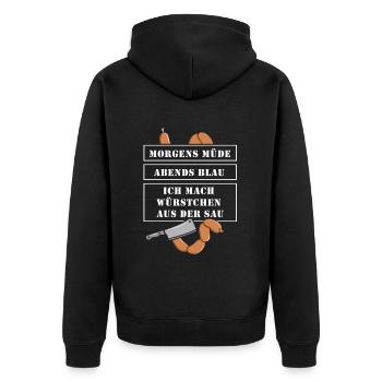 Morgens müde abends blau ich mach Würstchen - Unisex Premium Bio Zip Hoodie - Schwarz - Hinten - Nico (187cm)