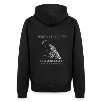 Meine Wellensittiche verwöhnen und durchhalten - Unisex Premium Bio Zip Hoodie - Schwarz - Hinten - Nico (187cm)