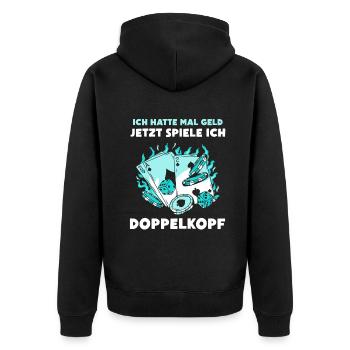 Ich hatte mal Geld Doppelkopf - Unisex Premium Bio Zip Hoodie - Schwarz - Hinten - Nico (187cm)