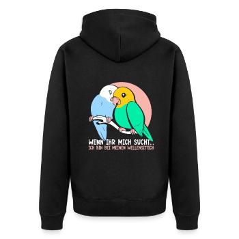 Ich bin bei meinen Wellensittich - Unisex Premium Bio Zip Hoodie - Schwarz - Hinten - Nico (187cm)