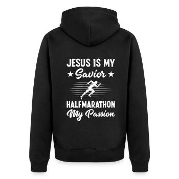 Jesus is my savior Halfmarathon Half Marathon - Unisex Premium Bio Zip Hoodie - Schwarz - Hinten - Nico (187cm)