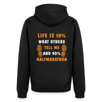 Tell me and 90% halfmarathon - Unisex Premium Bio Zip Hoodie - Schwarz - Hinten - Nico (187cm)