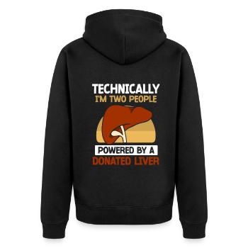powered by a donated Liver - Unisex Premium Bio Zip Hoodie - Schwarz - Hinten - Nico (187cm)