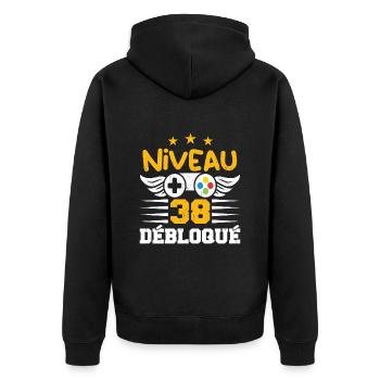Niveau 38 Débloqué, cadeau de joueur - Veste à capuche bio Premium Unisexe - noir - Dos - Nico (187cm)
