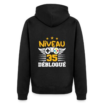Niveau 35 Débloqué, cadeau de joueur - Veste à capuche bio Premium Unisexe - noir - Dos - Nico (187cm)