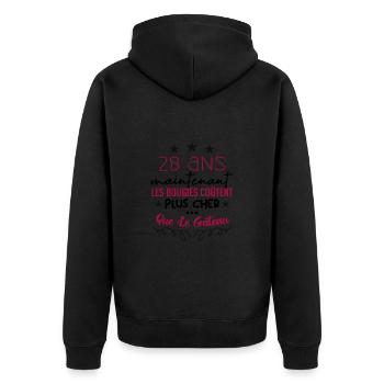 humour anniversaire 28 ans - Veste à capuche bio Premium Unisexe - noir - Dos - Nico (187cm)