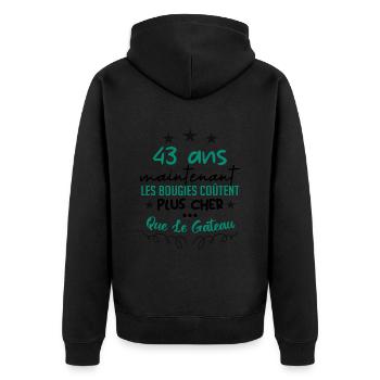 humour anniversaire 43 ans - Veste à capuche bio Premium Unisexe - noir - Dos - Nico (187cm)