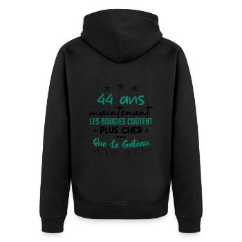 humour anniversaire 44 ans - Veste à capuche bio Premium Unisexe - noir - Dos - Nico (187cm)