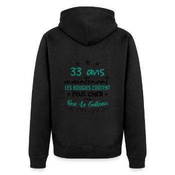 humour anniversaire 33 ans - Veste à capuche bio Premium Unisexe - noir - Dos - Nico (187cm)