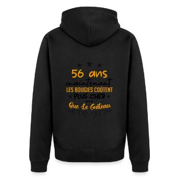 humour anniversaire 56 ans - Veste à capuche bio Premium Unisexe - noir - Dos - Nico (187cm)