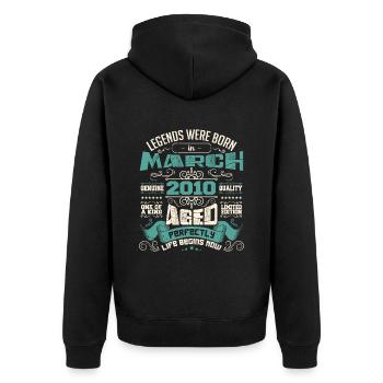 März 2010 | Geburtstagsgeschenk - Unisex Premium Bio Zip Hoodie - Schwarz - Hinten - Nico (187cm)