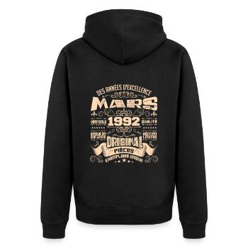 Anniversaire Vintage Né(e) en Mars 1992 - Veste à capuche bio Premium Unisexe - noir - Dos - Nico (187cm)