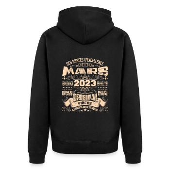 Anniversaire Vintage Né(e) en Mars 2023 - Veste à capuche bio Premium Unisexe - noir - Dos - Nico (187cm)