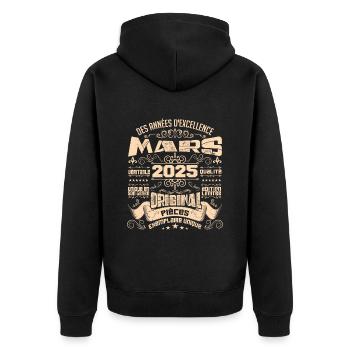 Anniversaire Vintage Né(e) en Mars 2025 - Veste à capuche bio Premium Unisexe - noir - Dos - Nico (187cm)
