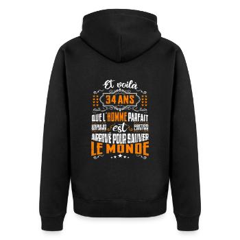 34 ans, Homme parfait, cadeau anniversaire 34ans - Veste à capuche bio Premium Unisexe - noir - Dos - Nico (187cm)