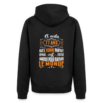 77 ans, Homme parfait, cadeau anniversaire 77ans - Veste à capuche bio Premium Unisexe - noir - Dos - Nico (187cm)