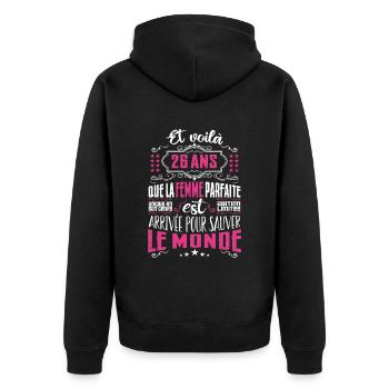 26 ans, Femme parfaite, cadeau anniversaire 22ans - Veste à capuche bio Premium Unisexe - noir - Dos - Nico (187cm)