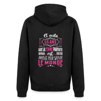 55 ans, Femme parfaite, cadeau anniversaire 55ans - Veste à capuche bio Premium Unisexe - noir - Dos - Nico (187cm)