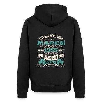 März 1955 | Geburtstagsgeschenk - Unisex Premium Bio Zip Hoodie - Schwarz - Hinten - Nico (187cm)