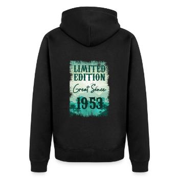 Einzigartig seit 1953 - Unisex Premium Bio Zip Hoodie - Schwarz - Hinten - Nico (187cm)